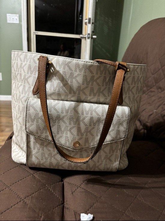 Michael Kors Handbags - Michael Kors Beige MK Monogram Tote with Brown Straps